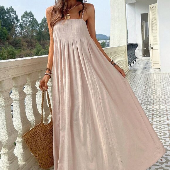 Apricot Boho Womens Linen-like Sleeveless Spaghetti Straps Loose Fit Beach Dress - Picture 6 of 8